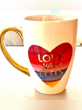 LOVE YOU LOTS Rainbow Heart Porcelain Mug Gold Handle
